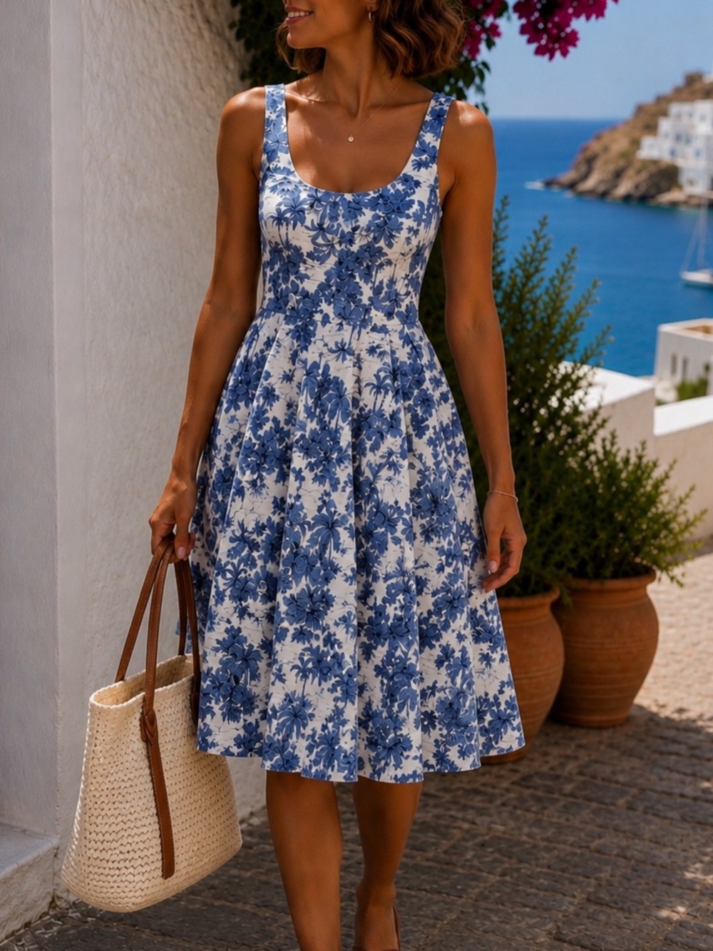 Joie Blue White Toile Print Fit & Flare Midi Dress Size 2